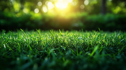 Naklejka premium Green lawn and trees background with copyspace. Nature background concept. Generative AI