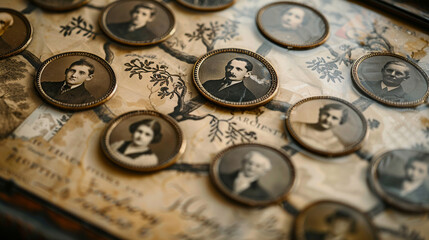 Close-up of a vintage-style family tree diagram in a frame, with sepia-toned photos and calligraphy