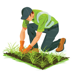 Flat design illustration of a worker planting grass in a garden setting.

