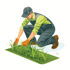 Flat design illustration of a worker planting grass in a garden setting.

