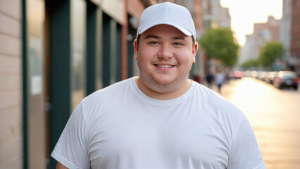Fototapeta premium Plus size young man wearing white t-shirt and white baseball cap standing on the street