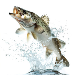 Cod jumping out of the water, captured in motion, isolated on white background, showcasing the dynamic movement of the fish.

