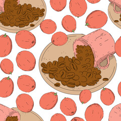 Cup on saucer with coffee beans and fruits of coffee plant color illustration seamless pattern for use in printing wrappers, fabrics, wallpapers, backdrops