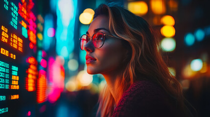 Young woman analyzing financial data on digital screen in city at night, showcasing FinTech solutions and innovative mobile finance apps for modern banking.
