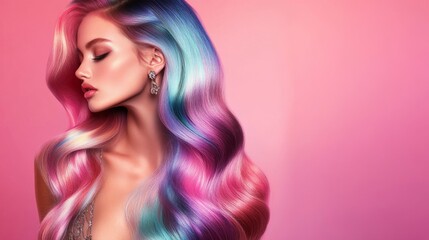 Fototapeta premium Colored Locks in Profile: A woman's Lustrous, Smooth Hair Shines Through Elegance and Style.