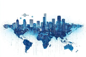 Modern city skyline overlaid on world map with digital data elements in blue color