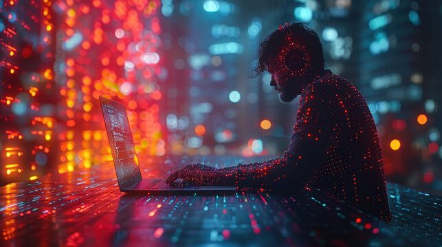 Night-time Mobile App Development and Coding, Male Software Developer Writing JavaScript on Laptop, Futuristic Digital Technology Concept