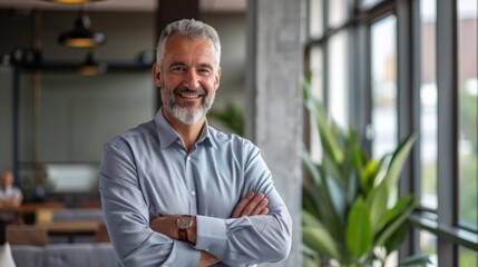 Naklejka premium Smiling handsome businessman with crossed arms in modern office, middle-aged gray-haired man exuding confidence, business success concept.