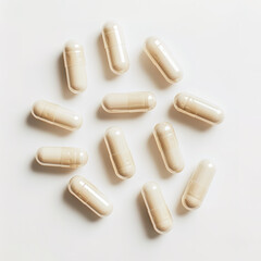 Capsules lying on a flat surface, showcasing their shape and texture, professional health product photography, top-down view composition.

