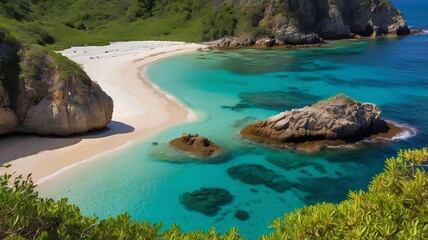 Obraz premium A hidden island cove with clear emerald waters, a small sandy beach, and surrounding cliffs, with room on the left side for text.