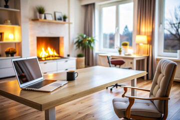 Modern Home Office Desk with Laptop, Coffee, and Fireplace.