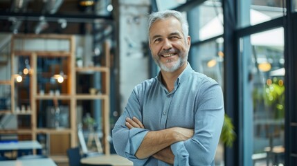 Obraz premium Smiling handsome businessman with crossed arms in modern office, middle-aged gray-haired man exuding confidence, business success concept.