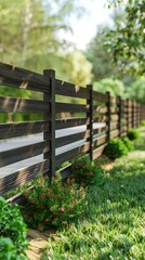 A black wooden fence with a green bush in front of it