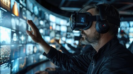 Man using virtual reality headset interacting with multiple digital screens in a futuristic control room. Concept of VR technology and innovation.