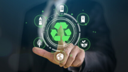 Recycling in environmental sustainability, hand hold glowing green recycling symbol, bins, plastic bottles and reducing carbon emissions, protect the environment, reducing waste, recycling materials