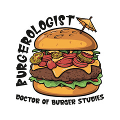Cartoon old school style meat beef burger with text burgerologist doctor of burger studies. Vector illustration