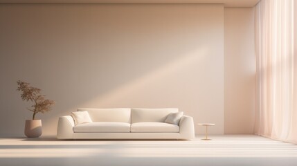 Modern minimalistic living room interior with peach color sofa and empty wall. Neural network ai generated art