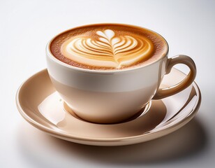 A cup of hot cappuccino coffee with coffee beans on a white background