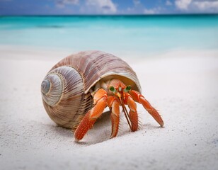 Close-up photo of a hermit crab walking on a white sand beach 