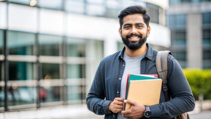 Fototapeta premium A cheerful Indian man holding textbooks, standing in front of a university building with a blurred background. 