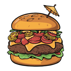 Cartoon old school style meat beef burger in high resolution in cartoon style. vector illustration
