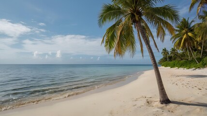 Obraz premium A peaceful ocean view from a secluded island, with calm waters, a pristine sandy beach, and palm trees, leaving space on the right for text.