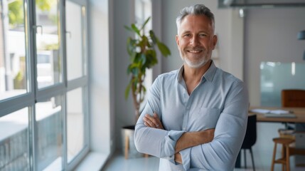Fototapeta premium Smiling handsome businessman with crossed arms in modern office, middle-aged gray-haired man exuding confidence, business success concept.