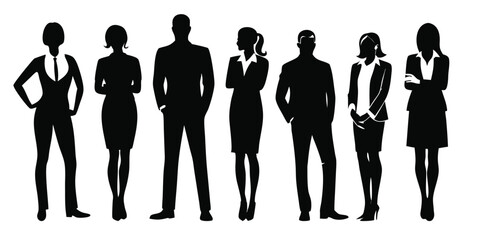 collection of different silhouette male and female body posing with business working suit, isolated vector