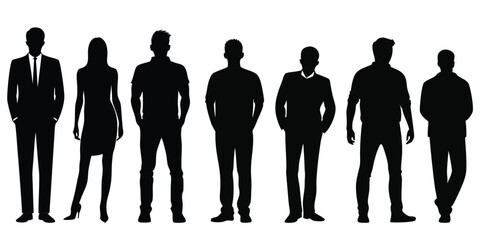 collection of different silhouette male and female body posing with business working suit, isolated vector