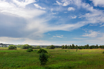 A vast meadow stretches beneath a clear blue sky, dotted with lush greenery and patches of trees, basking in the warmth of a bright sunny day.