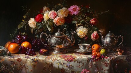 Opulent Still Life with Silver Tea Set on Richly Embroidered Tablecloth, Surrounded by Fresh Fruits and Floral Arrangement - Classic Baroque Elegance