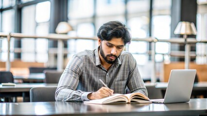 Obraz premium An Indian man studying at a table in a library or study area, with a focus on his concentration and the organized study space. 