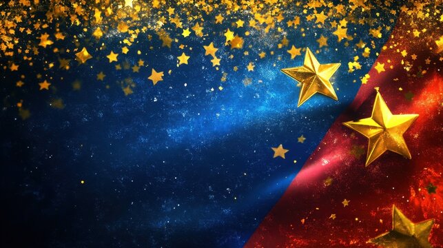 Independence day of Venezuela. Horizontal banner. Free space for text. Abstract background in colors of Venezuelan flag. Yellow, blue and red illustration with stars