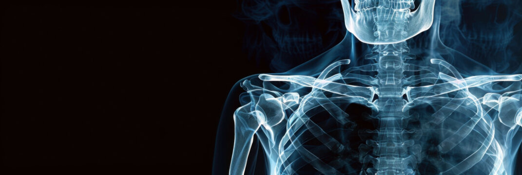 World Radiography Day. Chest x-ray on black background. Horizontal banner for a medical clinic. Copy space. International Day of Radiology. World patient safety day. World Pneumonia Day. Lung cancer