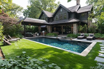 Backyard of a beach style home in Venice with white walls, black windows, lush grass, open kitchen, patio, and pool under a bright blue sky.