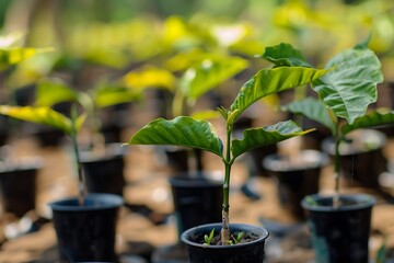 Close-up of a coffee plant sapling in a nursery.