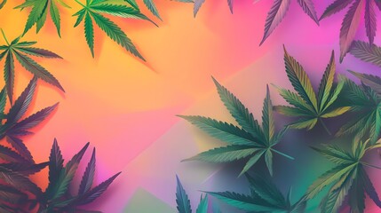 Marijuana leaves on a colorful background, close up top view on cannabis leaves and branches on colorful background for alternative medical and marketing design concept