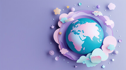 Illustration of earth with dream icons on purple background with copy space. World dream day concept.