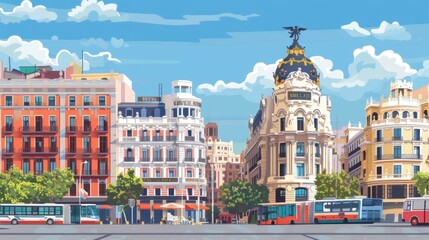 View of Madrid, travel in Spain. Spain City Skyline with color Buildings. Flat Illustration. Horizontal banner, copy space. Postcard from Madrid. Modern and Historic Architecture. Tourism. Madrid Day