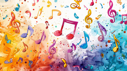 Vibrant Child-Friendly Fabric Design: Seamless Musical Notes and Treble Clefs in Harmonious Colors for Playful and Creative Wallpaper or Textile Art.