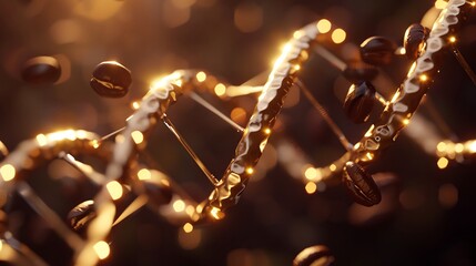 Golden DNA Strand with Coffee Beans and Bokeh Lights.