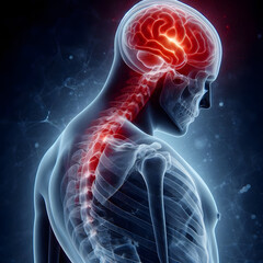 X-ray of Brain and Spinal Cord with Red Highlight | Illustrating the internal workings and medical structure.