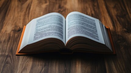 Obraz premium Open Book with Text on Wooden Surface
