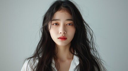 Portrait photography of a long-haired Asian girl wearing a white shirt, facing the camera directly with a light gray background