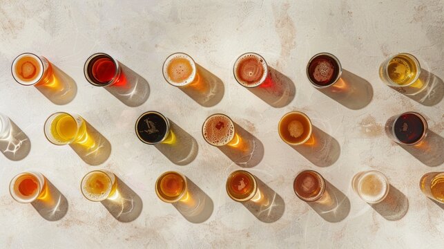A row of beer glasses with different colors and sizes