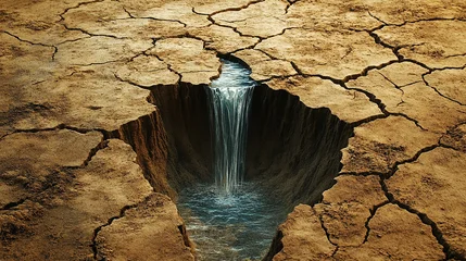 Fototapete Rund waterfall inside desert dry cracked land, contract surreal concept © gen_oksi