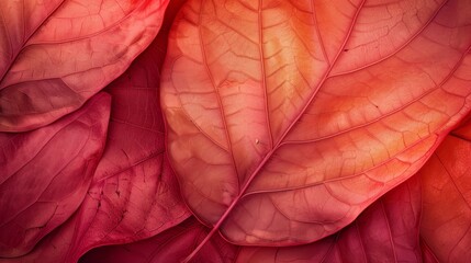 A close up of a leaf with a red background