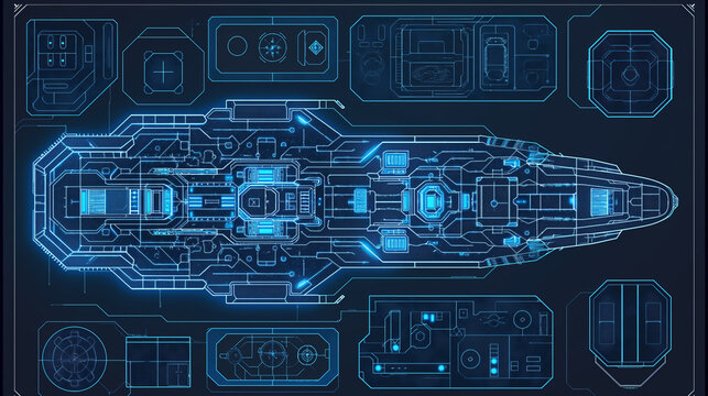 Futuristic spaceship blueprint with glowing blue lines. ..