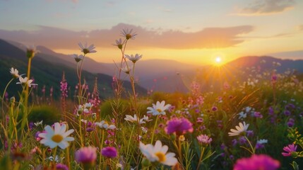 Fototapeta premium Sunrise over mountain meadow with wildflowers
