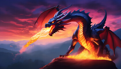 A fierce dragon exhaling fire against a twilight backdrop
